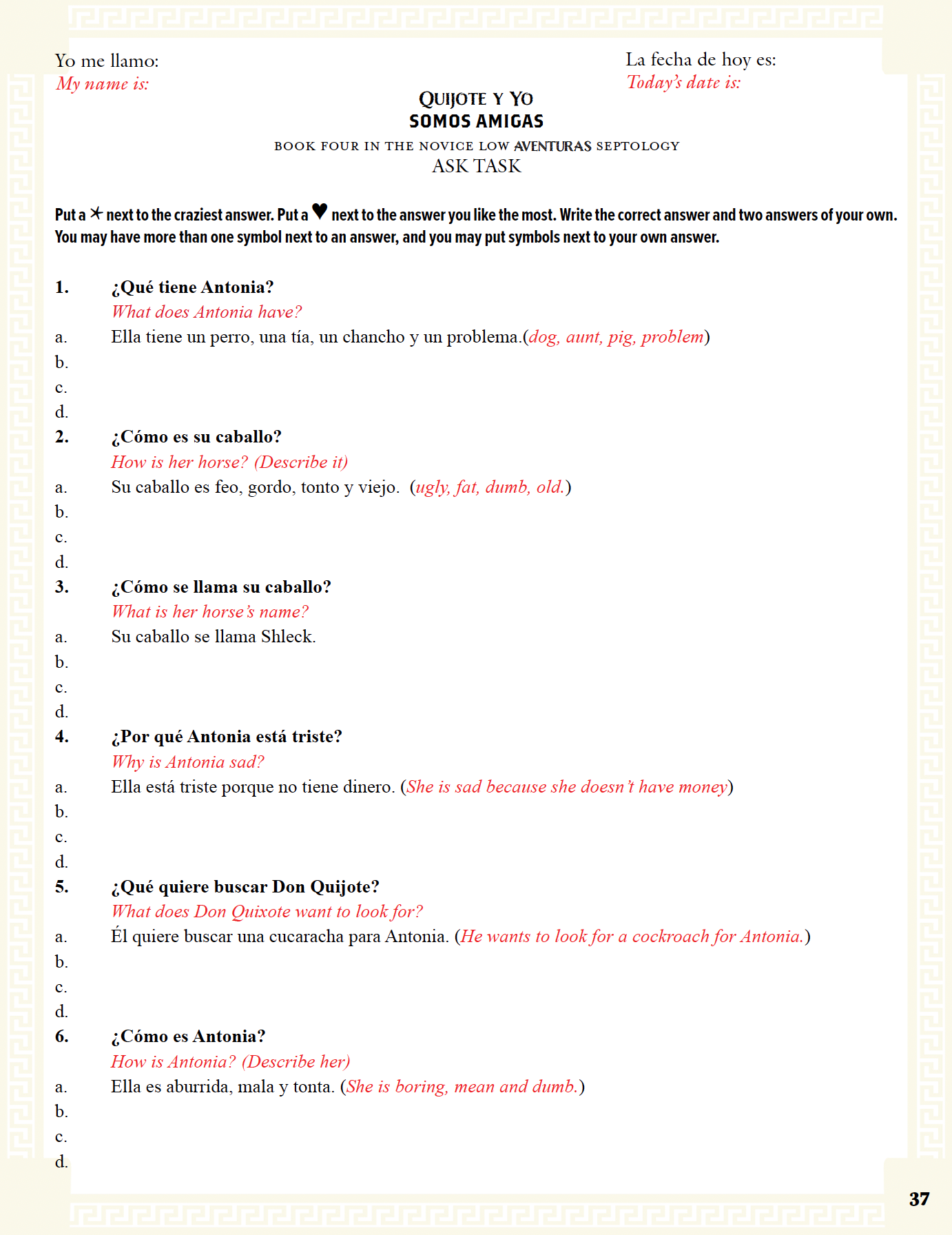 Communication Guide: Quijote y Yo: Somos Amigas, Book Four in the Novice Low "Aventuras" Septology