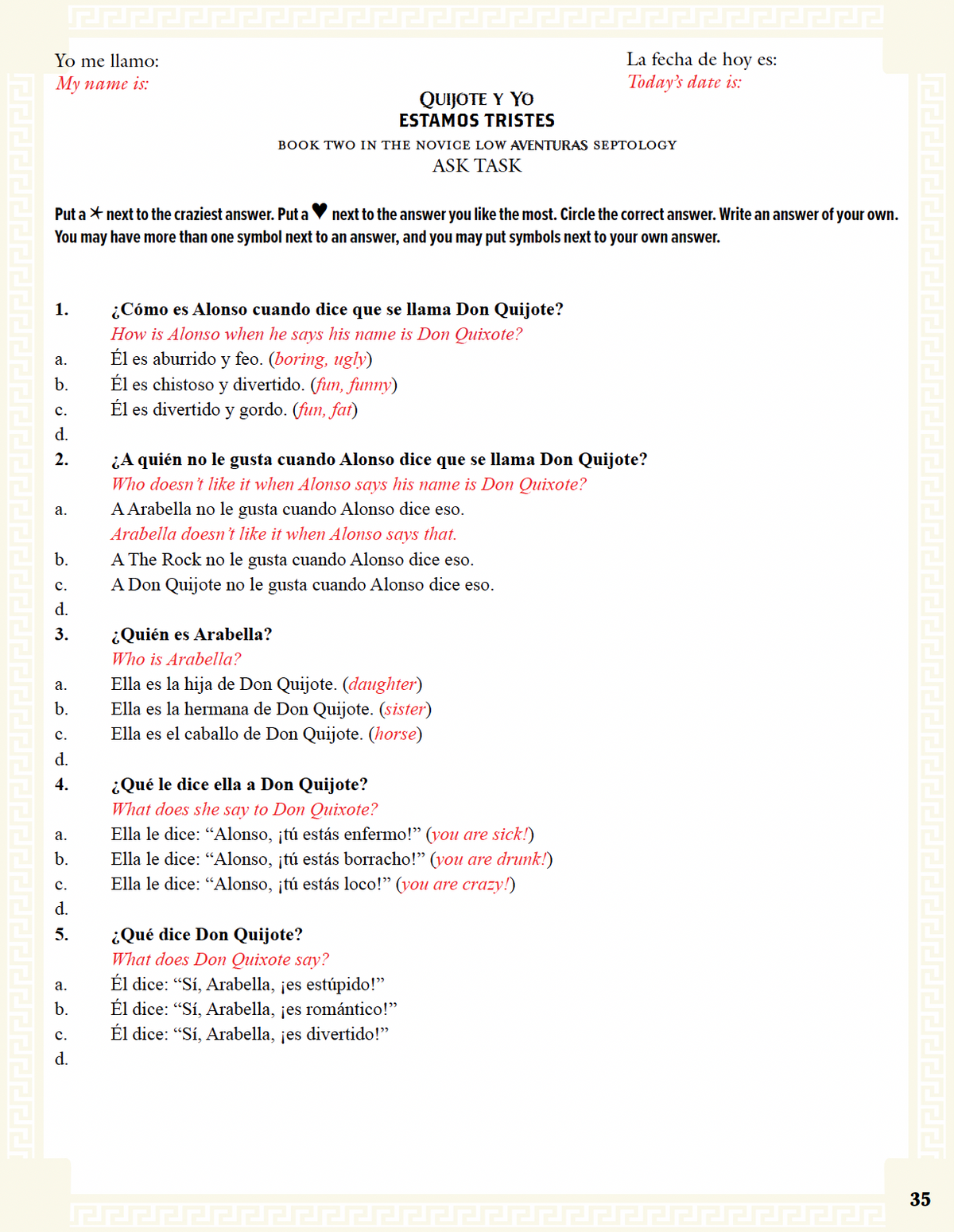 Communication Guide: Quijote y Yo: Estamos Tristes, Book Two in the Novice Low "Aventuras" Septology