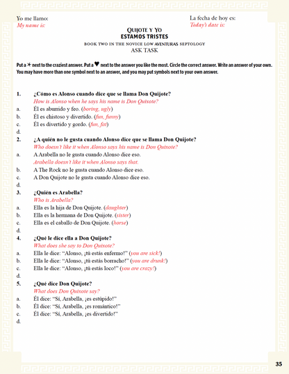 Communication Guide: Quijote y Yo: Estamos Tristes, Book Two in the Novice Low "Aventuras" Septology