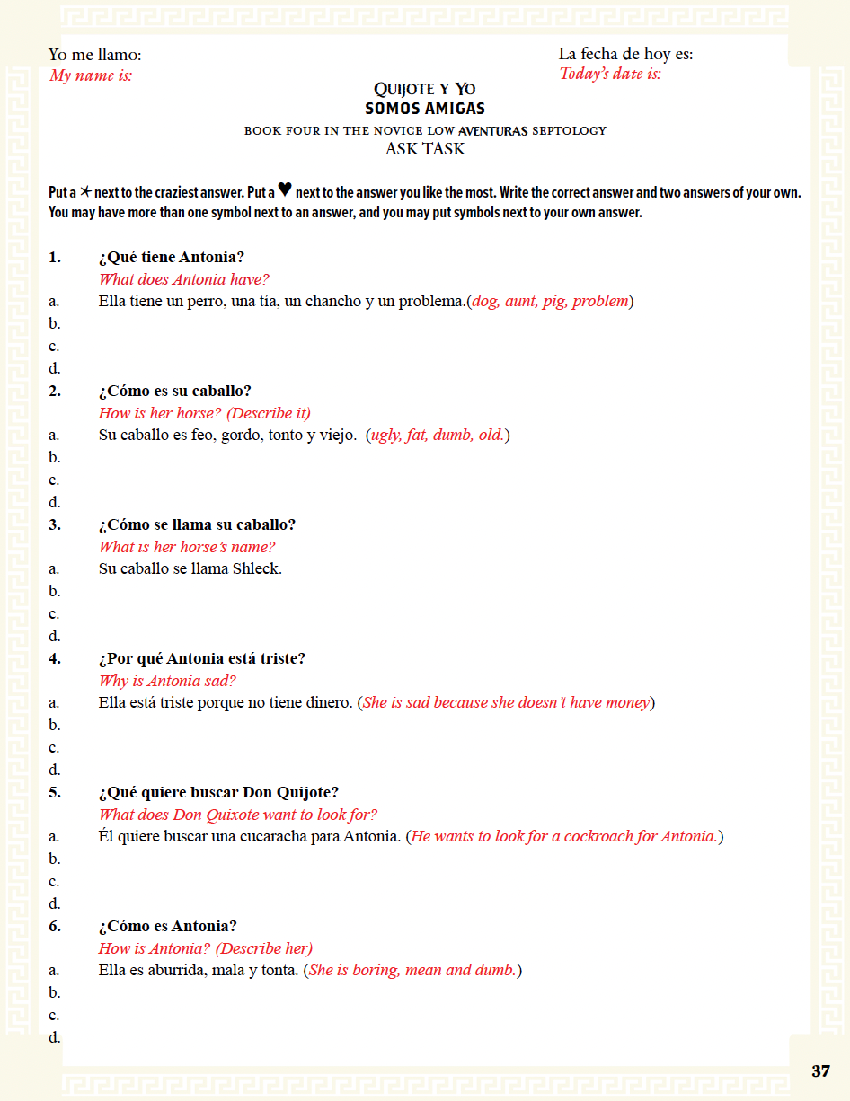 Communication Guide: Quijote y Yo: Somos Amigas, Book Four in the Novice Low "Aventuras" Septology