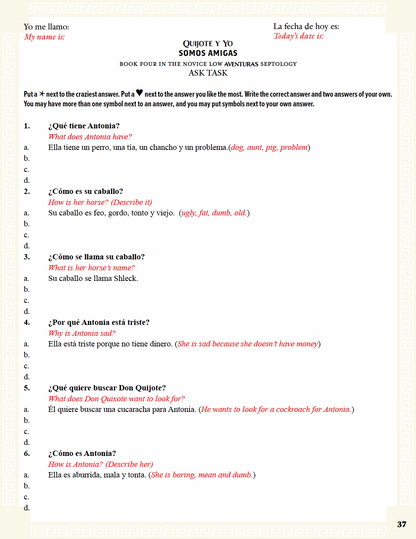 Communication Guide: Quijote y Yo: Somos Amigas, Book Four in the Novice Low "Aventuras" Septology